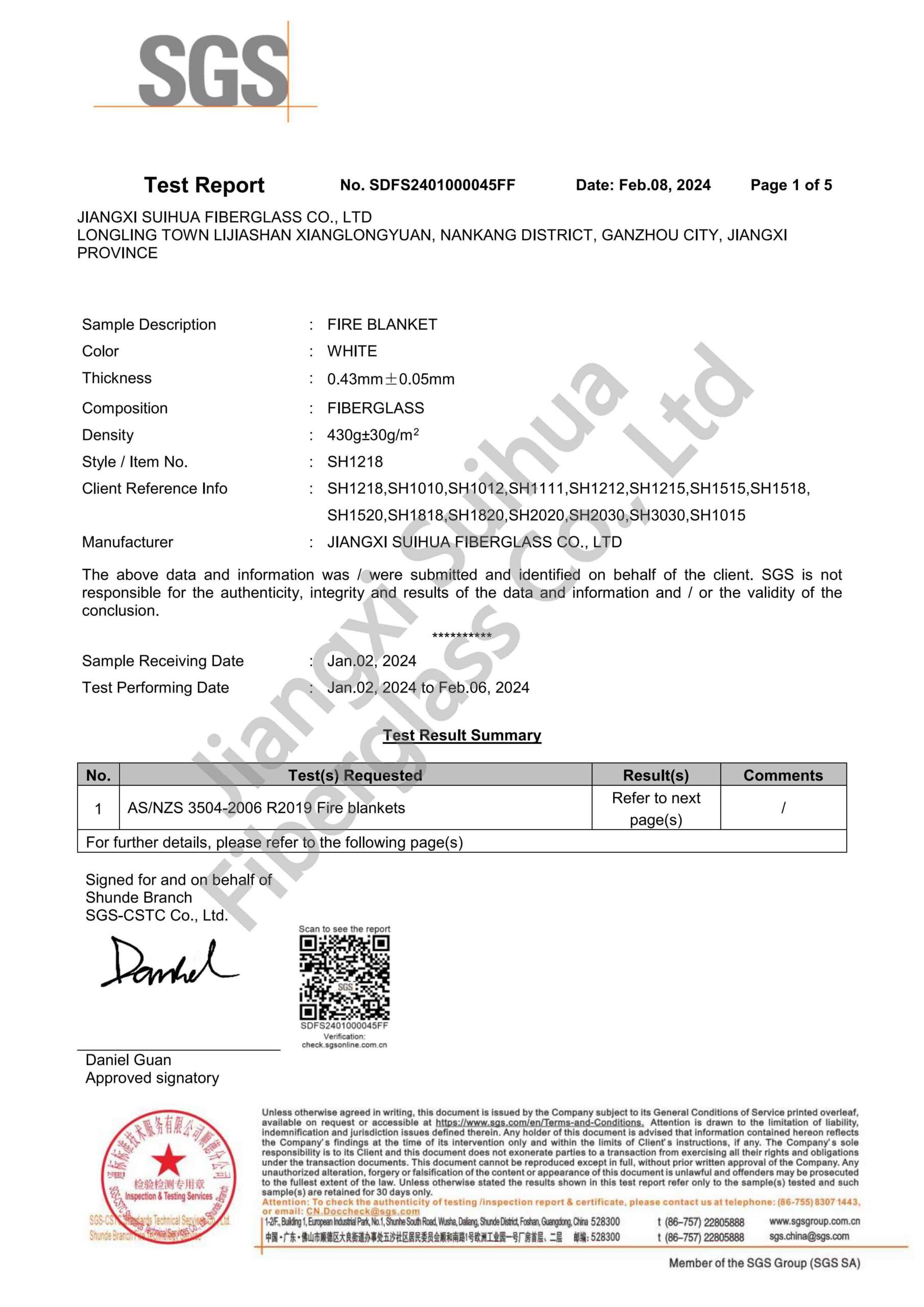 Suihua FIRE BLANKET ASNZS 3504 Testing report